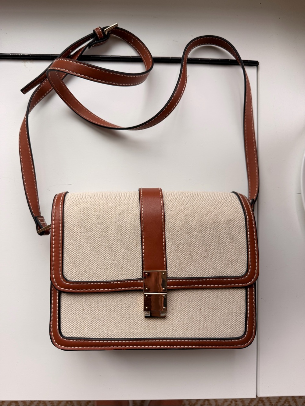 H&M Cream Canvas and Brown Leather Trim Crossbody Bag